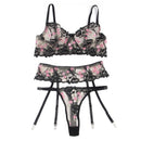 Floral Embroidery Bra & Panty Set with Garter Belt - Luscious Goddess