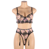 Floral Embroidery Bra & Panty Set with Garter Belt - Luscious Goddess
