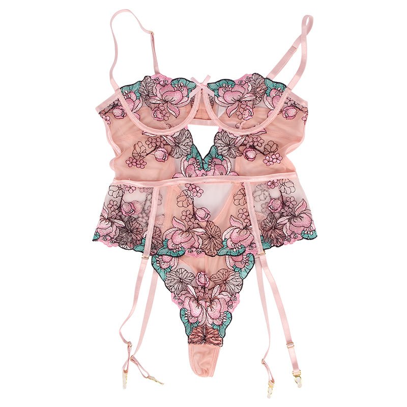 Transparent Floral Embroidered Lace Bodysuit - Luscious Goddess